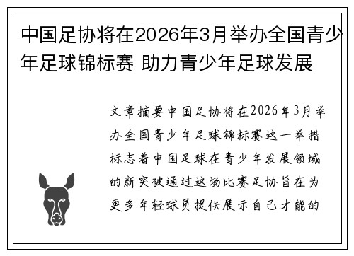 中国足协将在2026年3月举办全国青少年足球锦标赛 助力青少年足球发展