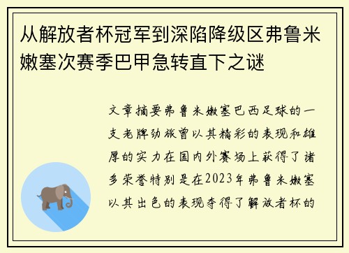 从解放者杯冠军到深陷降级区弗鲁米嫩塞次赛季巴甲急转直下之谜